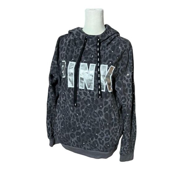 Victoria's Secret Pink Bling Rhinestone Perfect Hoodie Gray Leopard Sz Small - Picture 1 of 10